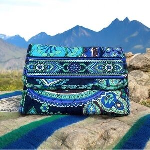 Vera Bradley Wallet Blue Green Quilted Flap Paisley Print Bohemian Chic